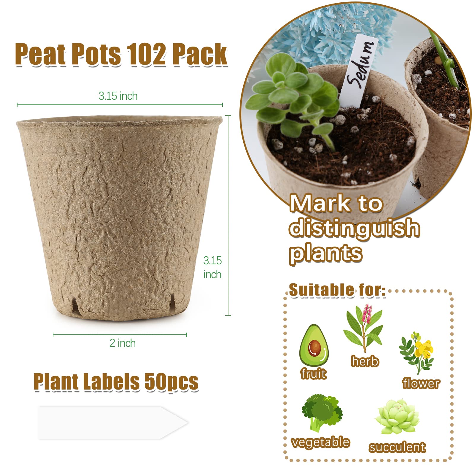 Peat Pots, 102 Pack 3.15 Inch Biodegradable Planting Peat Pots for Seedlings, Garden Plant Seed Starter Pots with Drainage Holes Seed Starting Pots for Organic Vegetable Flower, Bonus 50 Plant Labels - Image 6