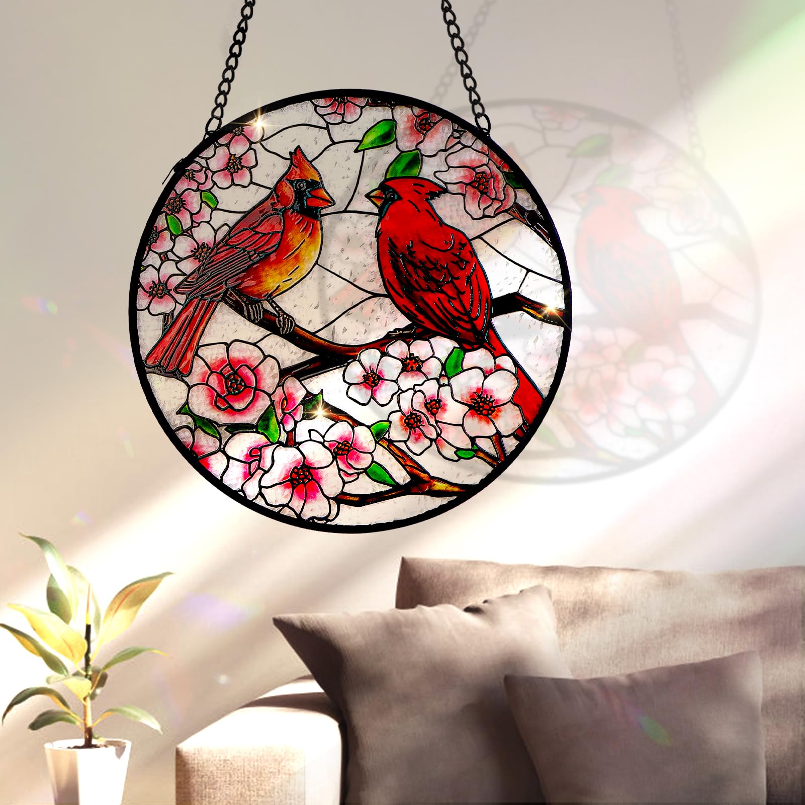 Remiawy Cardinal Stained Glass Window Hanging, 6 Inch Sun Catcher Glass Panel with Metal Chain and Hooks Suncatcher Indoor Window Wall Art Home Decor Gift for Bird Lovers Women Mother's Day Christmas - Image 3