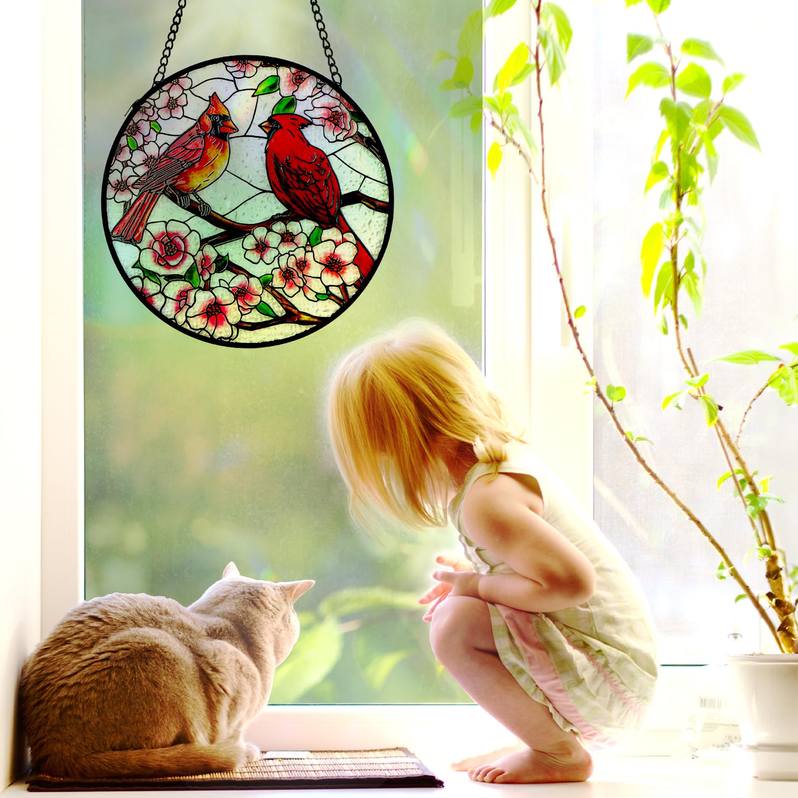Remiawy Cardinal Stained Glass Window Hanging, 6 Inch Sun Catcher Glass Panel with Metal Chain and Hooks Suncatcher Indoor Window Wall Art Home Decor Gift for Bird Lovers Women Mother's Day Christmas - Image 4