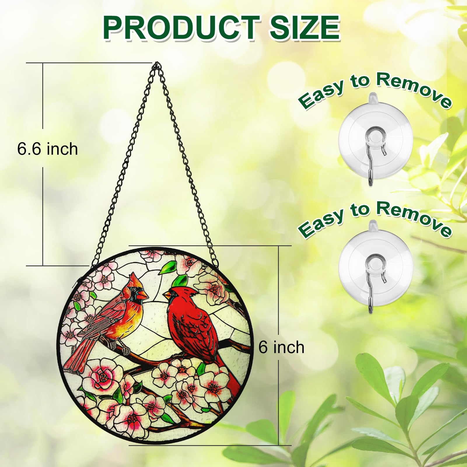 Remiawy Cardinal Stained Glass Window Hanging, 6 Inch Sun Catcher Glass Panel with Metal Chain and Hooks Suncatcher Indoor Window Wall Art Home Decor Gift for Bird Lovers Women Mother's Day Christmas - Image 6