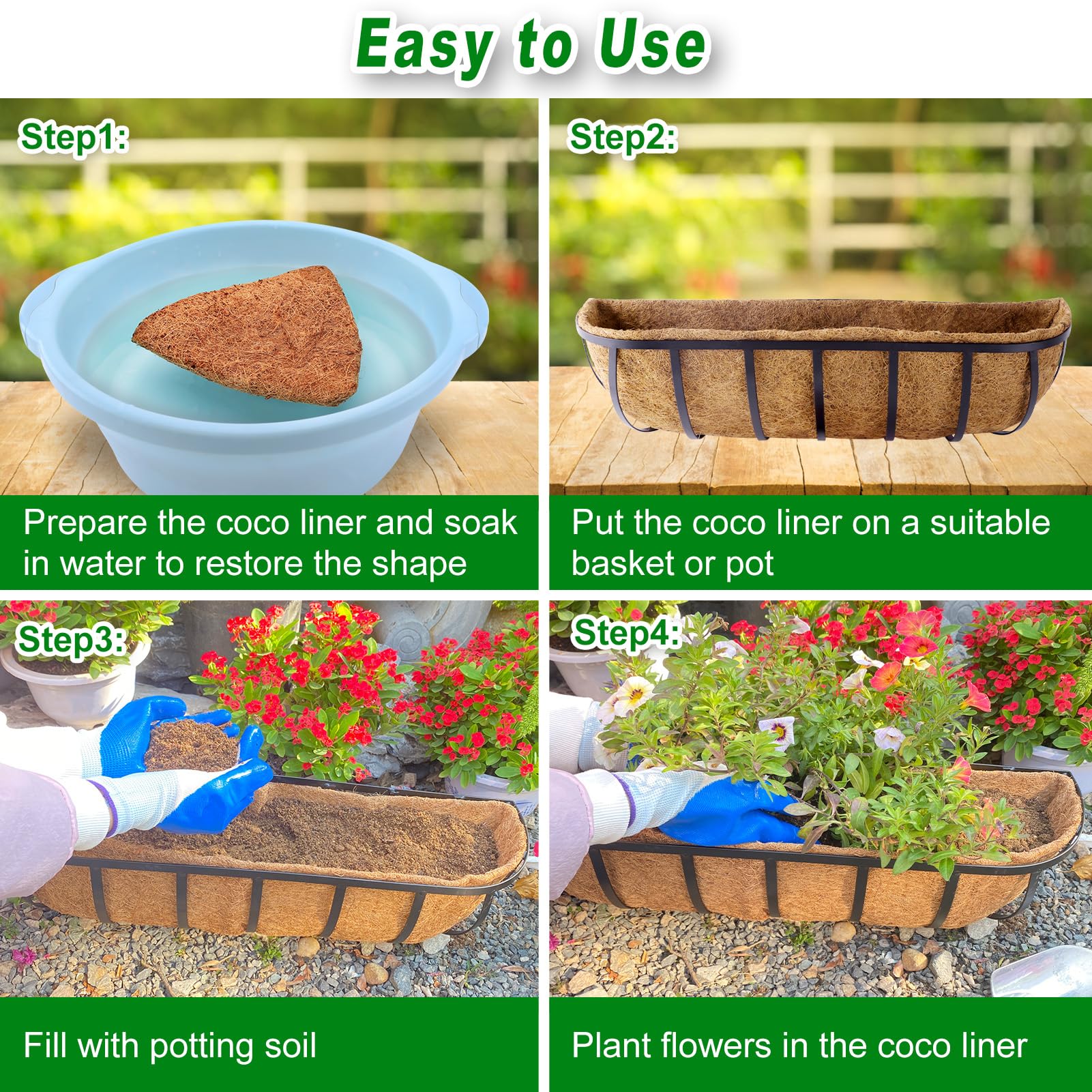 REMIAWY Coco Liners for Planters 24 Inch, 2 Packs Natural Coconut Fiber Coir Flower Basket Window Box Liners, Trough Planter Insert for Outdoor Plant Large Pots Garden Fence Decoration - Image 4