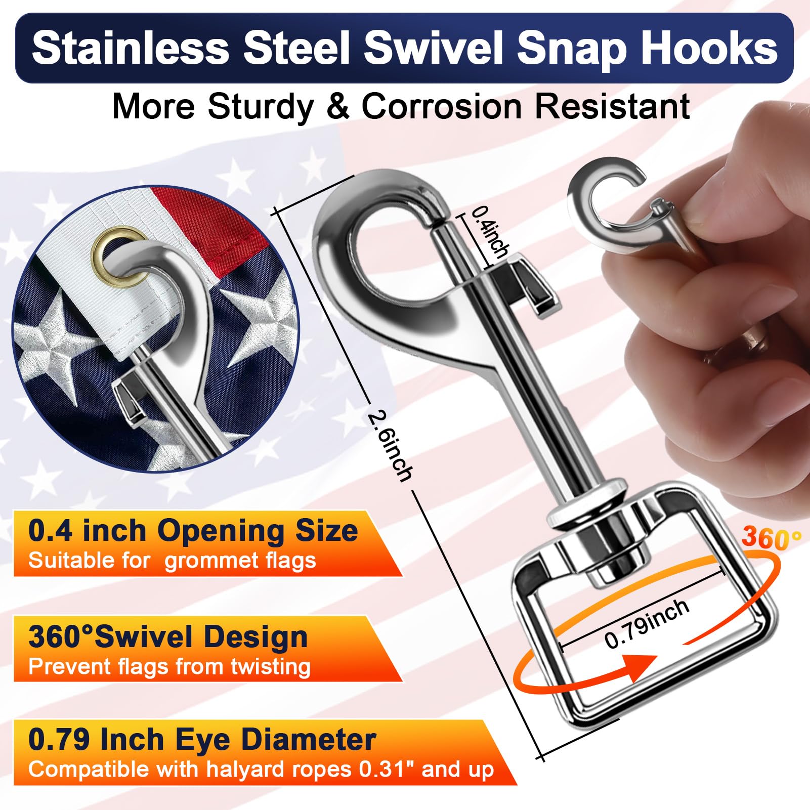 Remiawy Flag Pole Rope Kit 100Ft - 5/16” Diameter Nylon Halyard Replacement with 4 Zinc Alloy Swivel Snap Hooks and Clips, Heavy Duty Flagpole Rope Accessories for Outdoor, Camping, Swing, Clothesline - Image 4