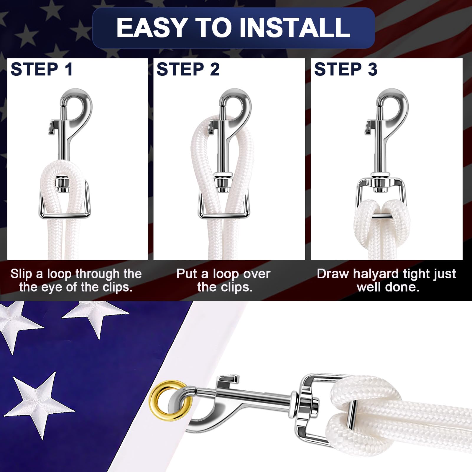 Remiawy Flag Pole Rope Kit 100Ft - 5/16” Diameter Nylon Halyard Replacement with 4 Zinc Alloy Swivel Snap Hooks and Clips, Heavy Duty Flagpole Rope Accessories for Outdoor, Camping, Swing, Clothesline - Image 5