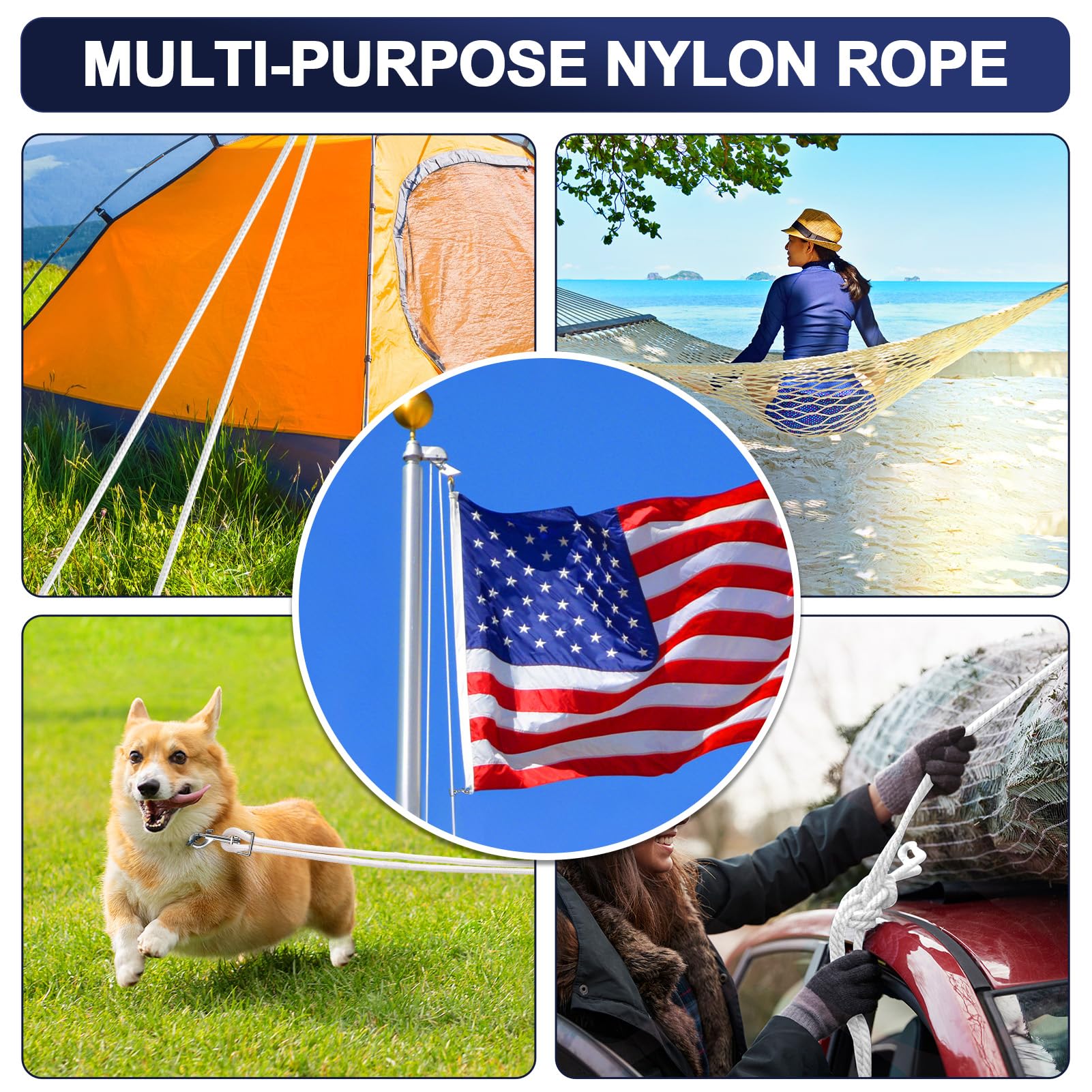 Remiawy Flag Pole Rope Kit 100Ft - 5/16” Diameter Nylon Halyard Replacement with 4 Zinc Alloy Swivel Snap Hooks and Clips, Heavy Duty Flagpole Rope Accessories for Outdoor, Camping, Swing, Clothesline - Image 6