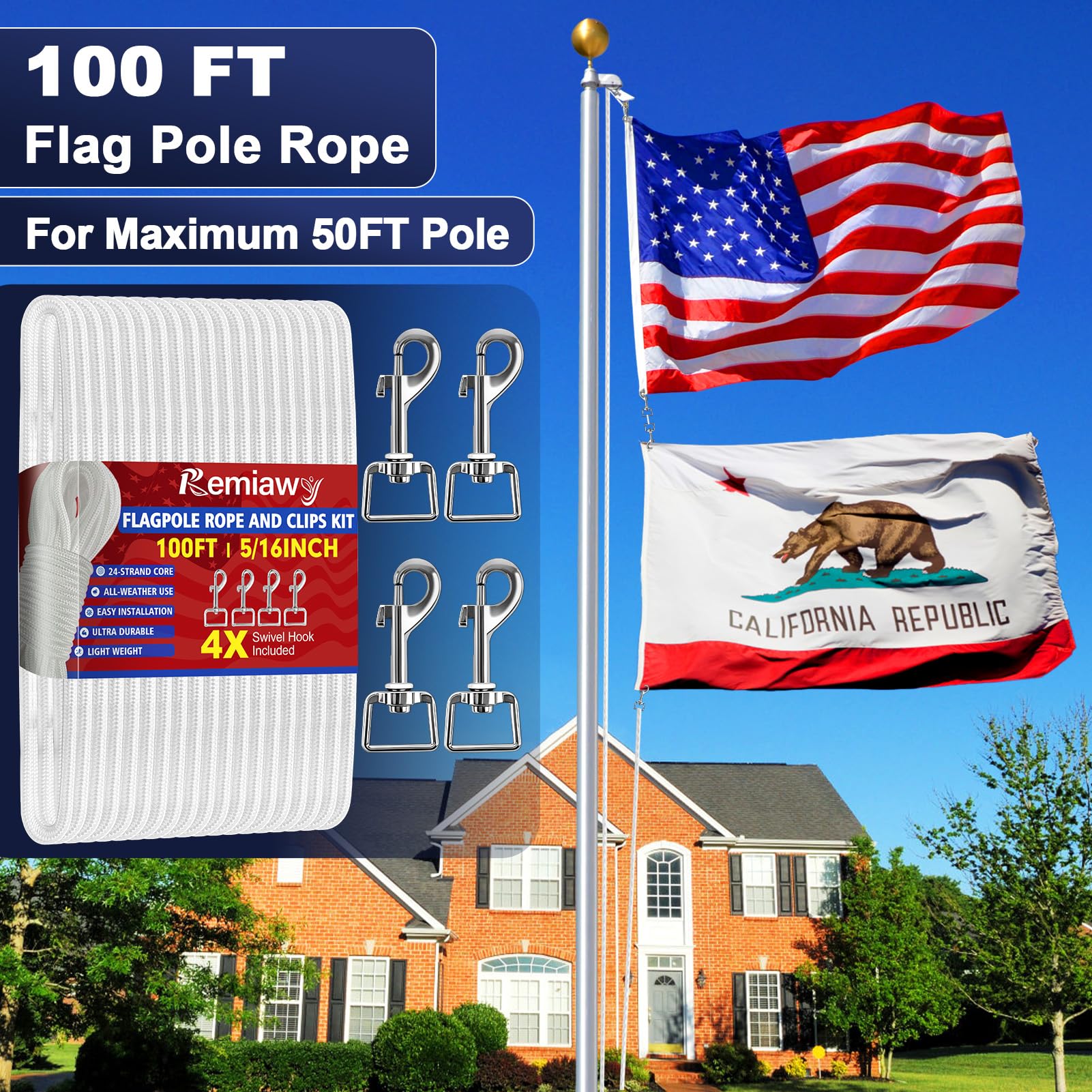 Remiawy Flag Pole Rope Kit 100Ft - 5/16” Diameter Nylon Halyard Replacement with 4 Zinc Alloy Swivel Snap Hooks and Clips, Heavy Duty Flagpole Rope Accessories for Outdoor, Camping, Swing, Clothesline - Image 7
