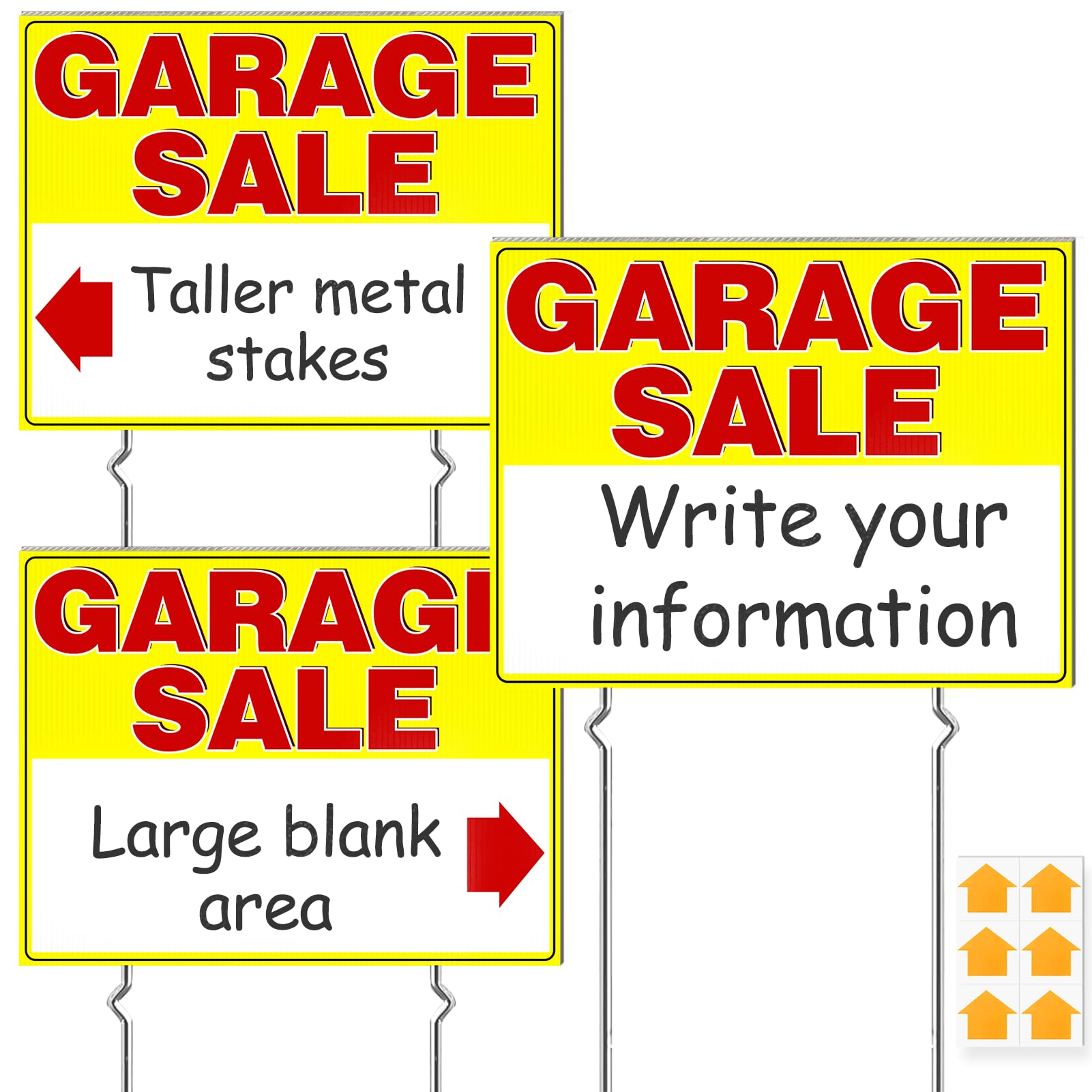 Remiawy Garage Sale Signs, 3 Pcs Yard Signs with Metal Stakes, 17x13 Inch Double Sided Large Corrugated Plastic Garage Sale Kit with Directional Arrows Stickers for Event, Weatherproof, Yellow