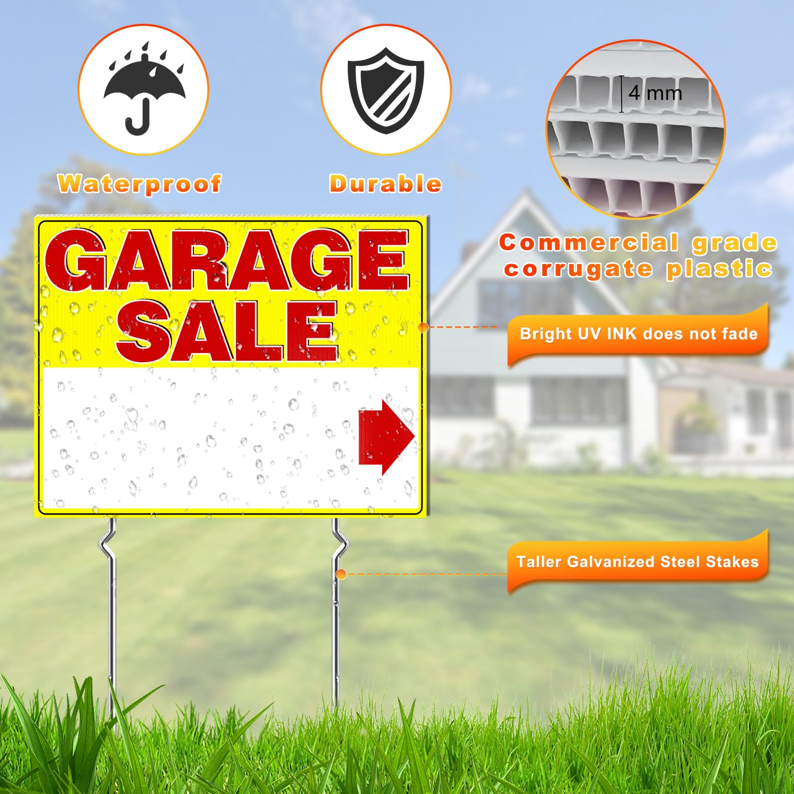 Remiawy Garage Sale Signs, 3 Pcs Yard Signs with Metal Stakes, 17x13 Inch Double Sided Large Corrugated Plastic Garage Sale Kit with Directional Arrows Stickers for Event, Weatherproof, Yellow - Image 3