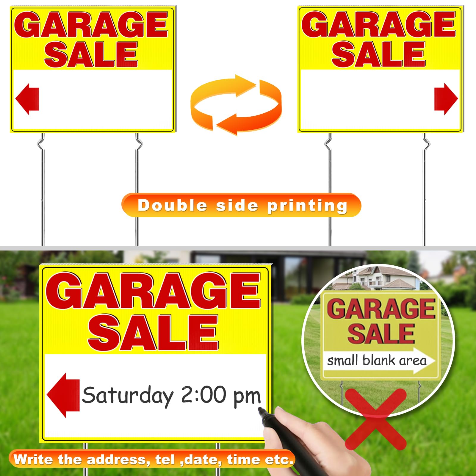 Remiawy Garage Sale Signs, 3 Pcs Yard Signs with Metal Stakes, 17x13 Inch Double Sided Large Corrugated Plastic Garage Sale Kit with Directional Arrows Stickers for Event, Weatherproof, Yellow - Image 4