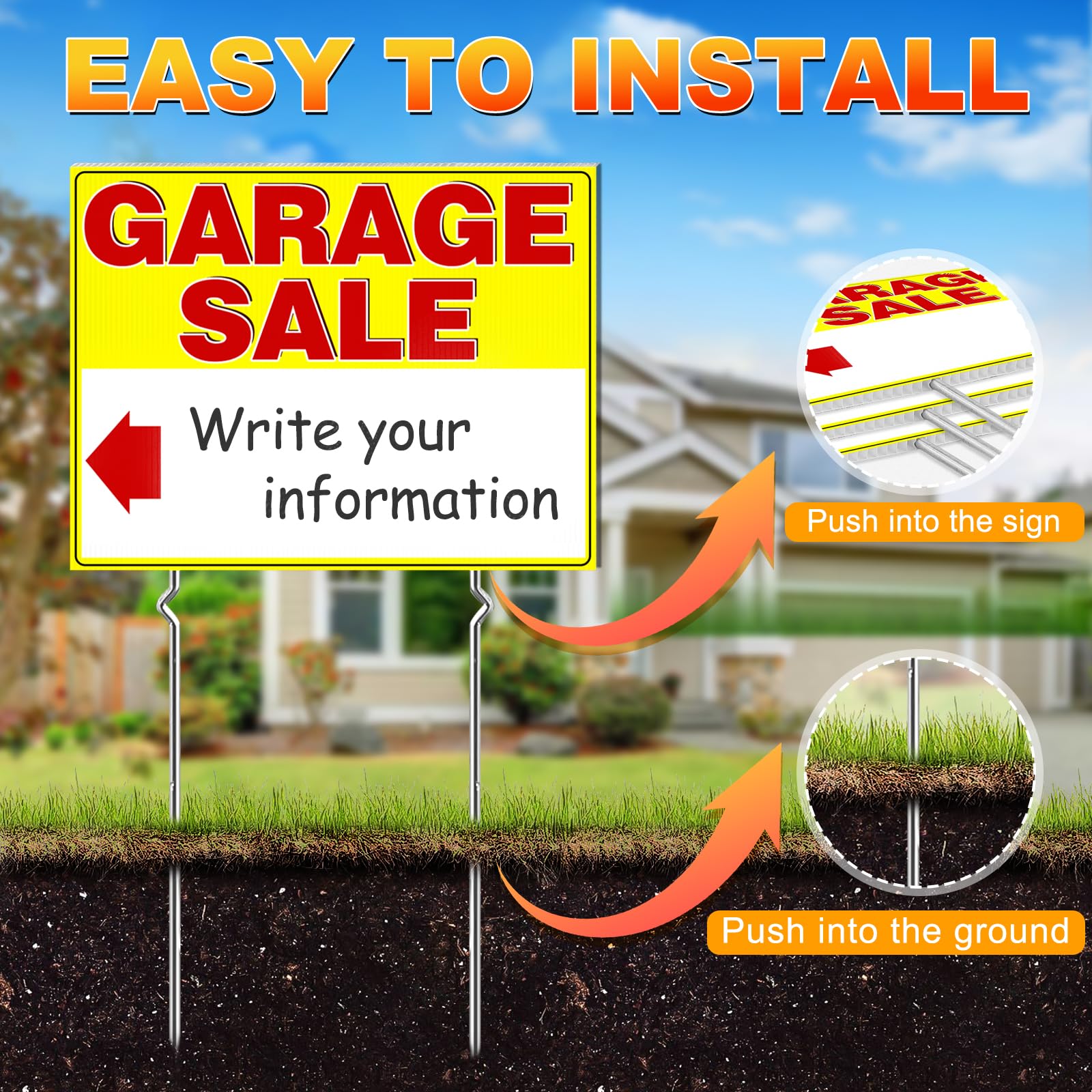 Remiawy Garage Sale Signs, 3 Pcs Yard Signs with Metal Stakes, 17x13 Inch Double Sided Large Corrugated Plastic Garage Sale Kit with Directional Arrows Stickers for Event, Weatherproof, Yellow - Image 5