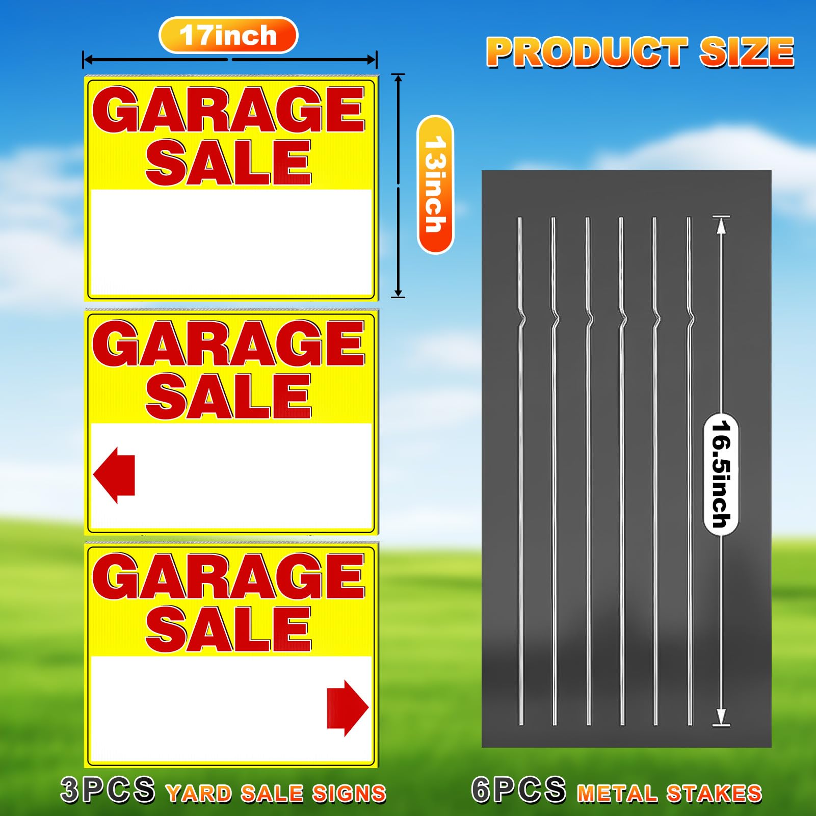 Remiawy Garage Sale Signs, 3 Pcs Yard Signs with Metal Stakes, 17x13 Inch Double Sided Large Corrugated Plastic Garage Sale Kit with Directional Arrows Stickers for Event, Weatherproof, Yellow - Image 6