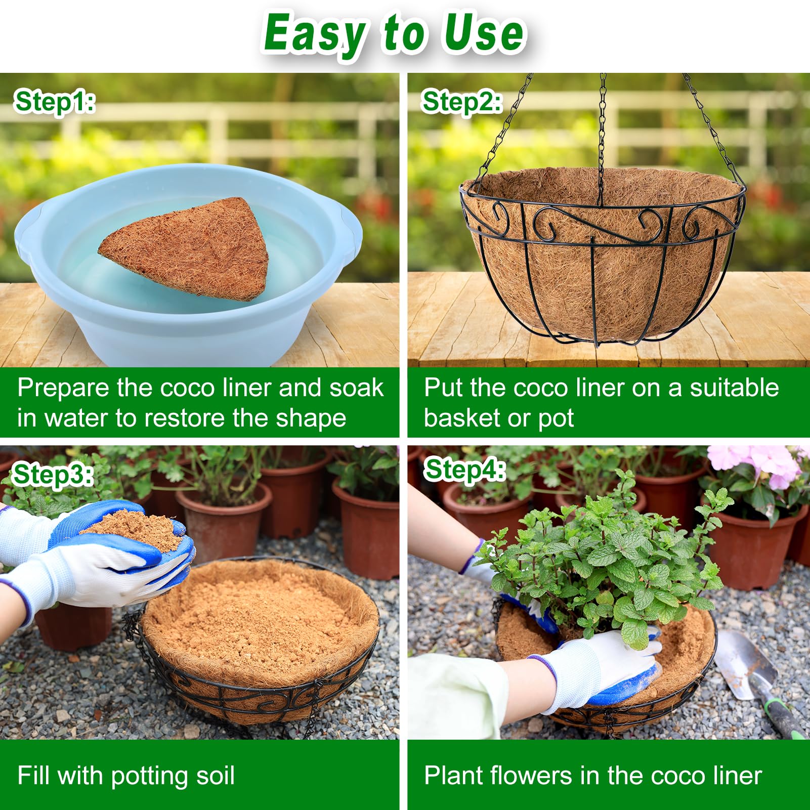 REMIAWY Hanging Basket Coco Liners, Coconut Planter Basket Liners 4 Packs 12 Inch 100% Natural Round Coco Fiber Replacement Liner for Hanging Basket Plants Outdoor Garden Flower Pot Vegetables - Image 4