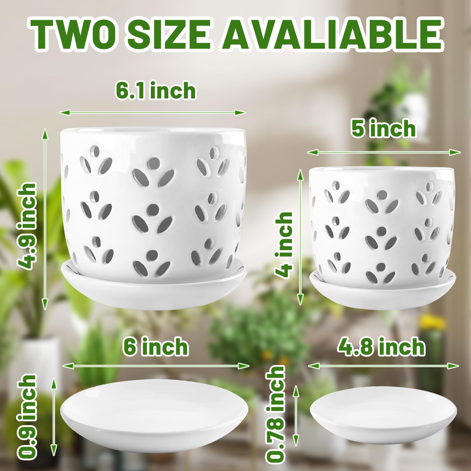REMIAWY Orchid Pot, 2 Pack Orchid Pots with Drainage Holes and Saucer, 6 Inch and 5 Inch Large Ceramic Planter for Repotting Indoor Plants, Succulent, Decorative, Good Air Circulation, White - Image 3