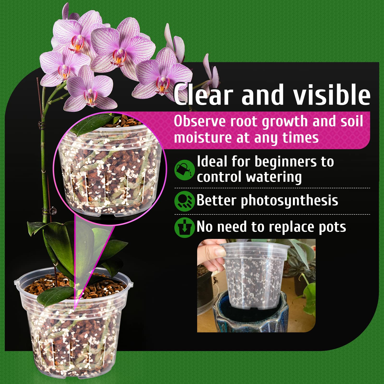REMIAWY Orchid Pot, 9 Pack Orchid Pots with Holes, 3 Each of 4.8, 5.7 and 6.4 Inch Clear Flower Planter for Repotting, Plastic Slotted Nursery Planters Indoor Outdoor - Image 4