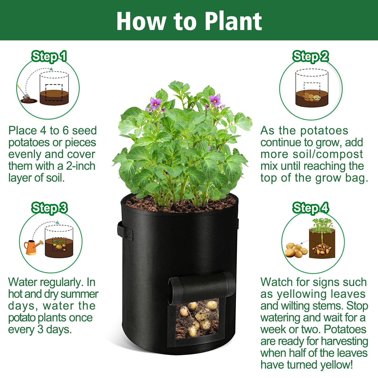 REMIAWY Potato Grow Bags, 10 Gallon 6 Pack Potato Bags for Growing Potatoes with Flap Harvest Window and Handle, Potato Planter Thickened Nonwoven Fabric Pots for Tomatoes Carrots Vegetables Fruits - Image 5