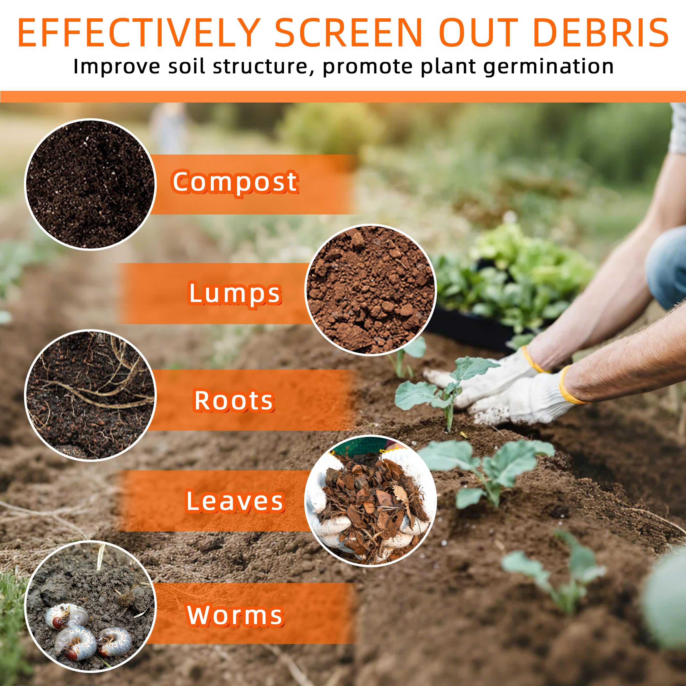 Remiawy Soil Sifter for Gardening, 2 Pack Rock Sifter for Compost Dirt Sand, Metal Garden Sieve Sifting Pan Tray, 1/4” Mesh Soil Screen Set of 2-17.5” x 11.5” and 12” x 10” (Large and Standard) - Image 3