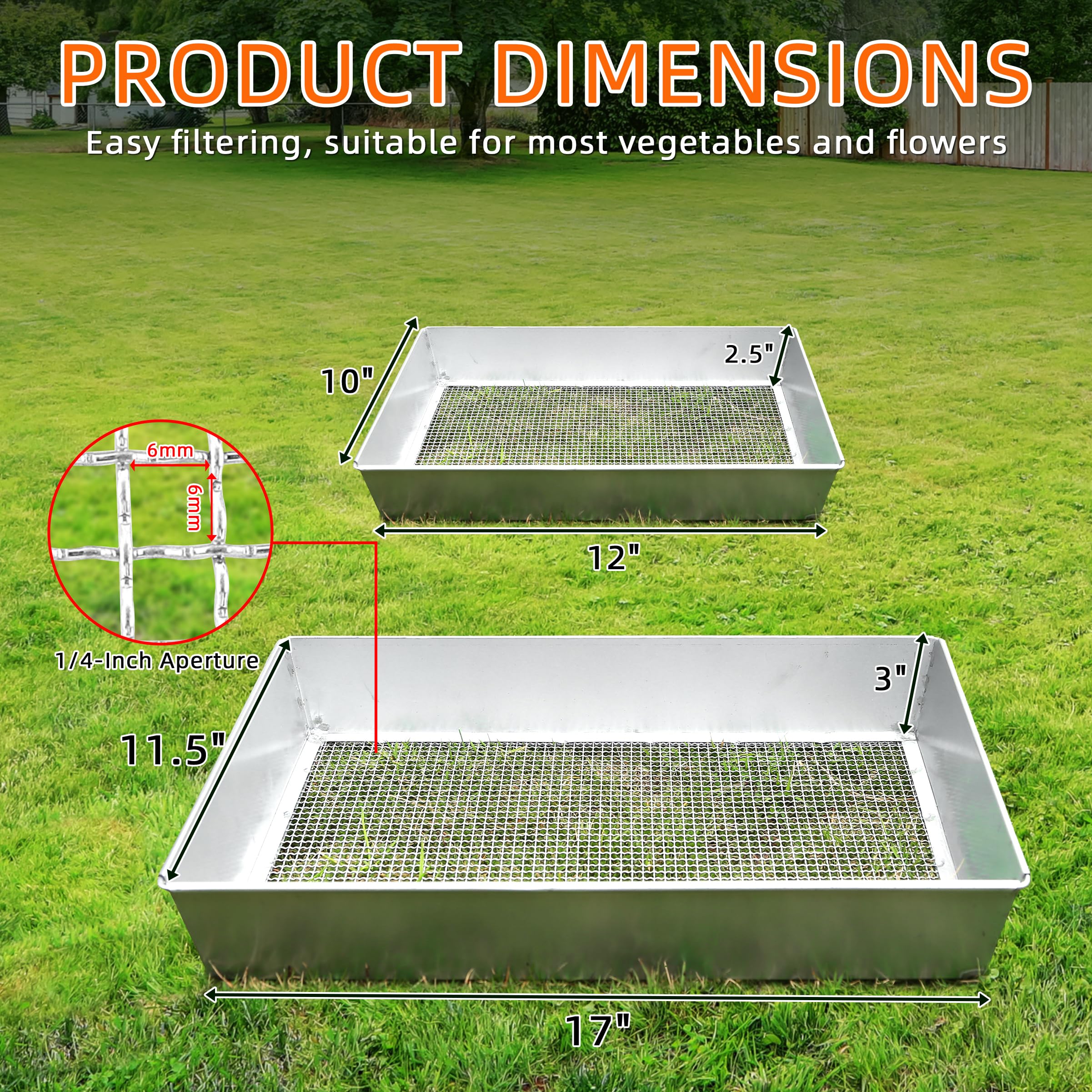 Remiawy Soil Sifter for Gardening, 2 Pack Rock Sifter for Compost Dirt Sand, Metal Garden Sieve Sifting Pan Tray, 1/4” Mesh Soil Screen Set of 2-17.5” x 11.5” and 12” x 10” (Large and Standard) - Image 6