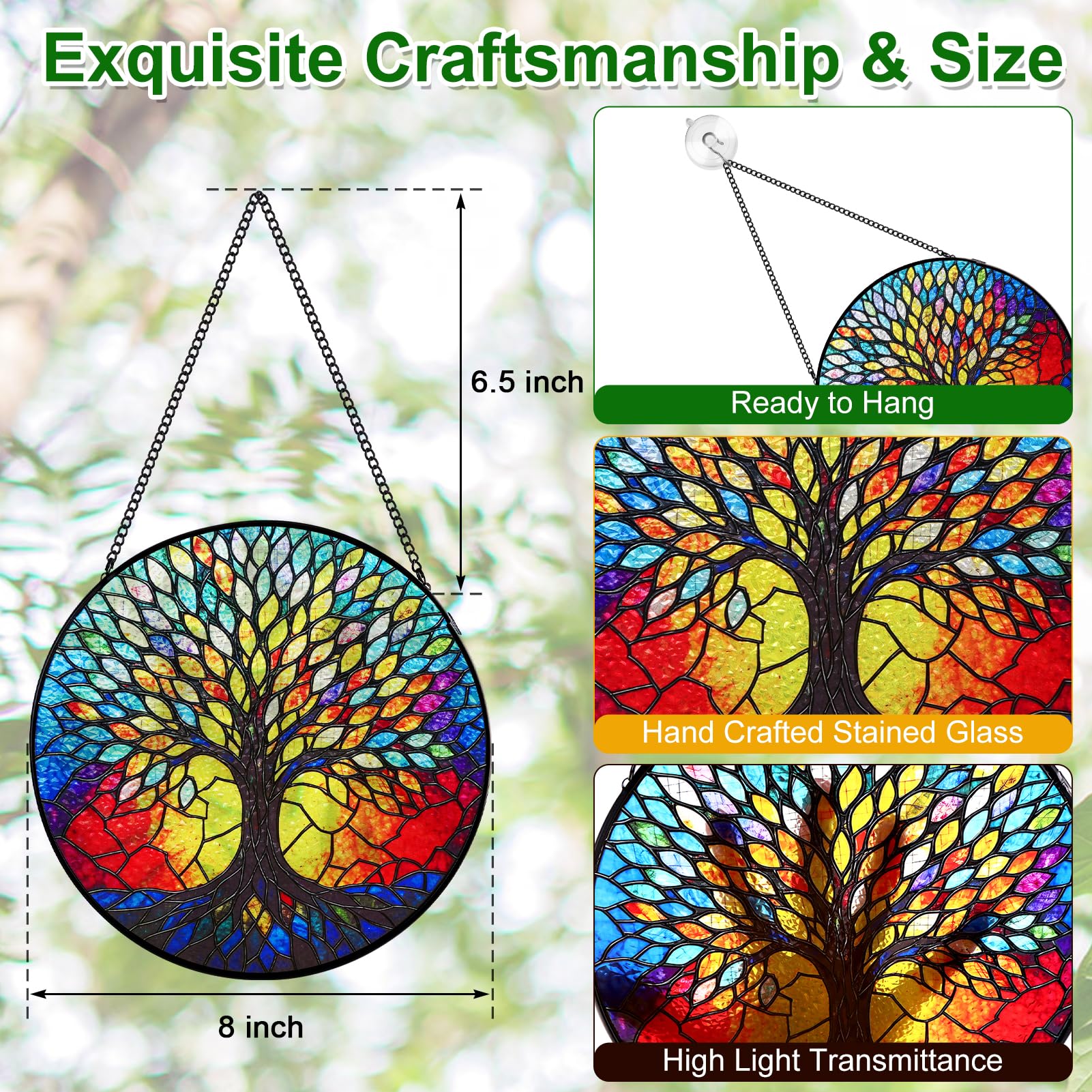 Remiawy Stained Glass Window Hanging, 8 Inch Life Tree with Metal Chain and Hooks Large Colorful Indoor Window Glass Panel Art Home Decor Gift for Women Christmas Mother's Day - Image 3