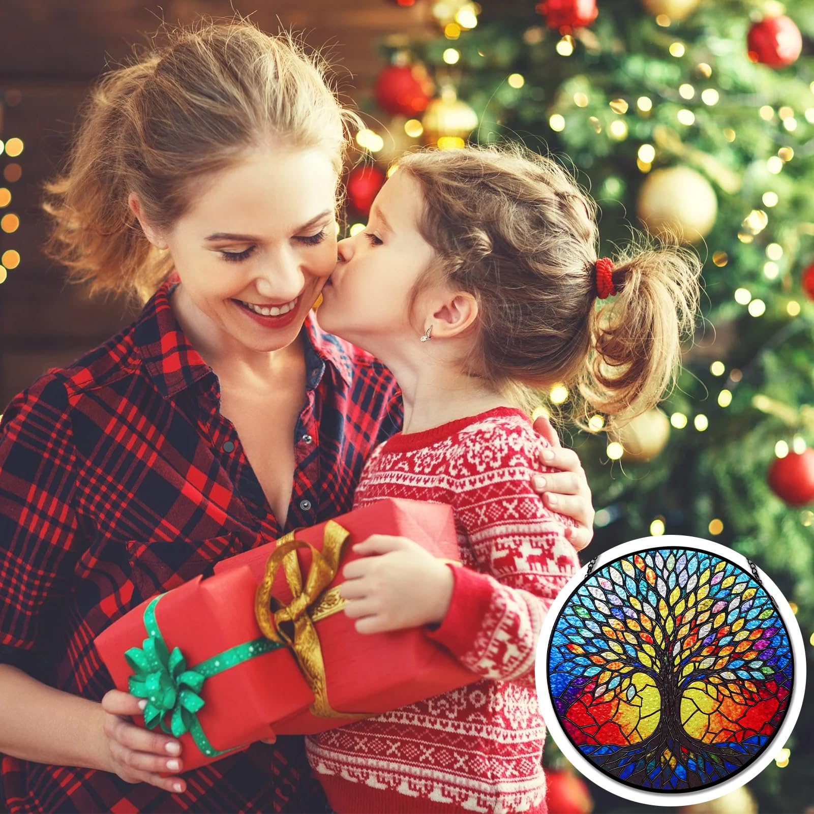 Remiawy Stained Glass Window Hanging, 8 Inch Life Tree with Metal Chain and Hooks Large Colorful Indoor Window Glass Panel Art Home Decor Gift for Women Christmas Mother's Day - Image 4