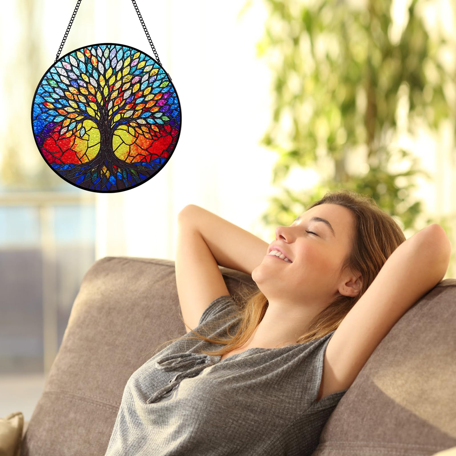 Remiawy Stained Glass Window Hanging, 8 Inch Life Tree with Metal Chain and Hooks Large Colorful Indoor Window Glass Panel Art Home Decor Gift for Women Christmas Mother's Day - Image 6