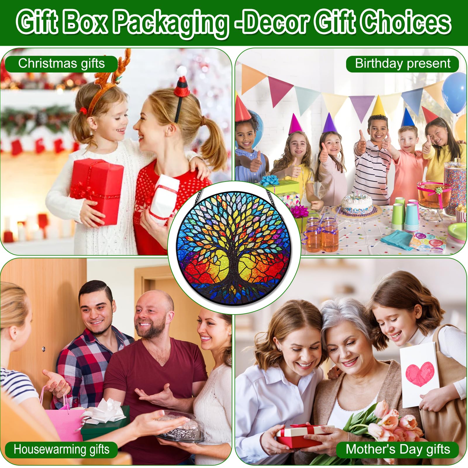 Remiawy Stained Glass Window Hanging, 8 Inch Life Tree with Metal Chain and Hooks Large Colorful Indoor Window Glass Panel Art Home Decor Gift for Women Christmas Mother's Day - Image 7