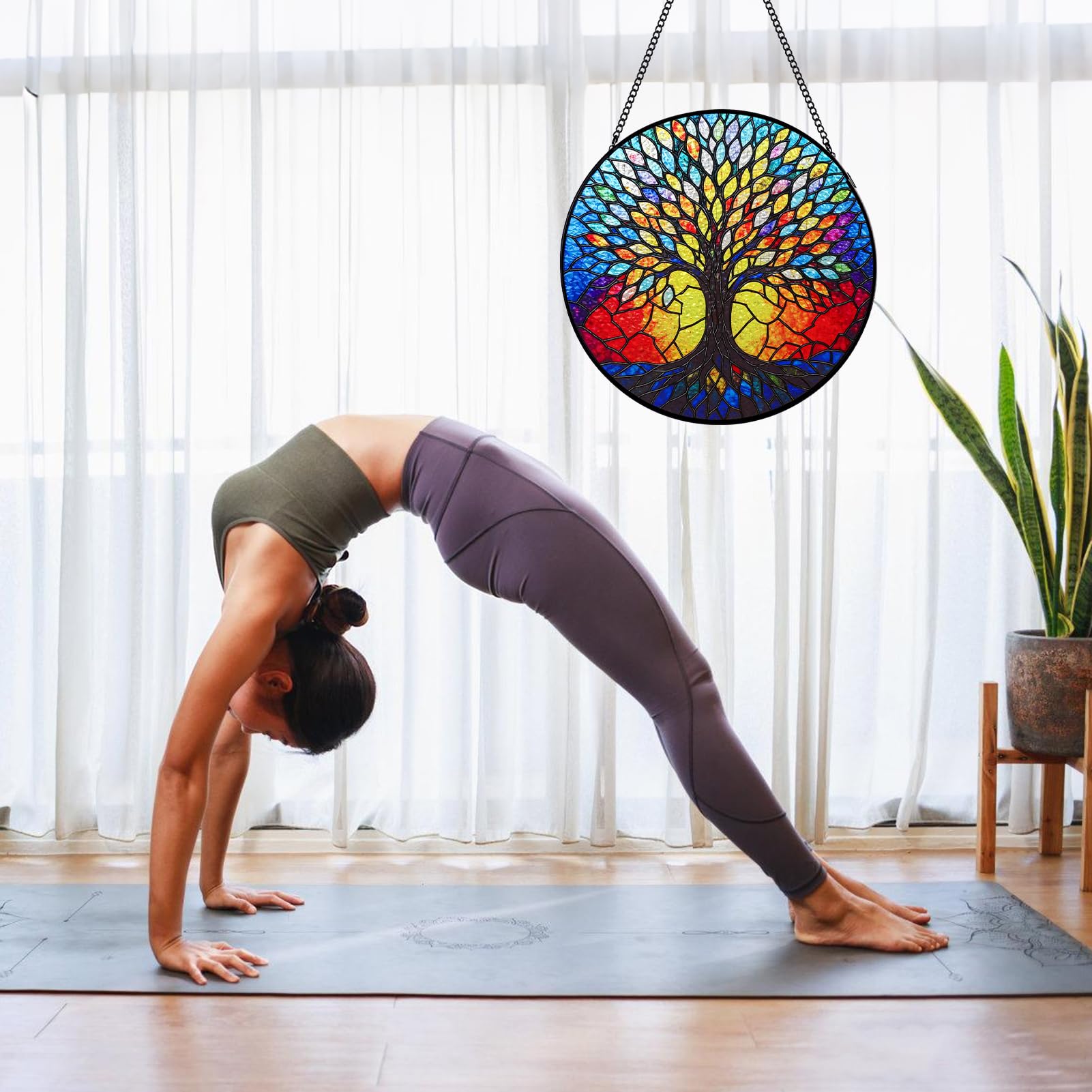 Remiawy Stained Glass Window Hanging, 8 Inch Life Tree with Metal Chain and Hooks Large Colorful Indoor Window Glass Panel Art Home Decor Gift for Women Christmas Mother's Day - Image 8