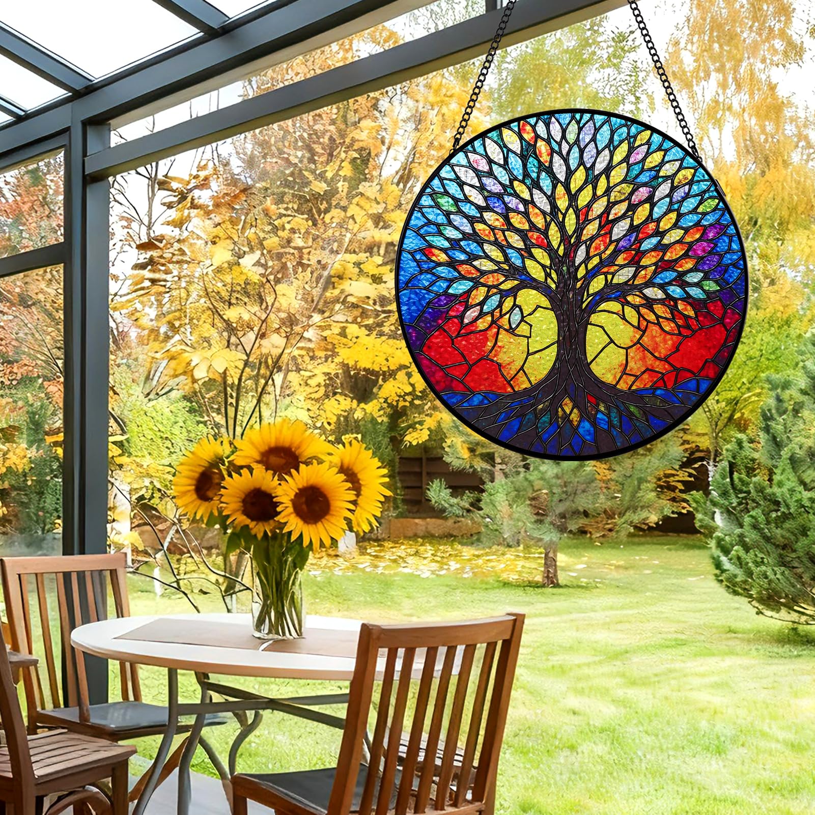 Remiawy Stained Glass Window Hanging, 8 Inch Life Tree with Metal Chain and Hooks Large Colorful Indoor Window Glass Panel Art Home Decor Gift for Women Christmas Mother's Day - Image 9