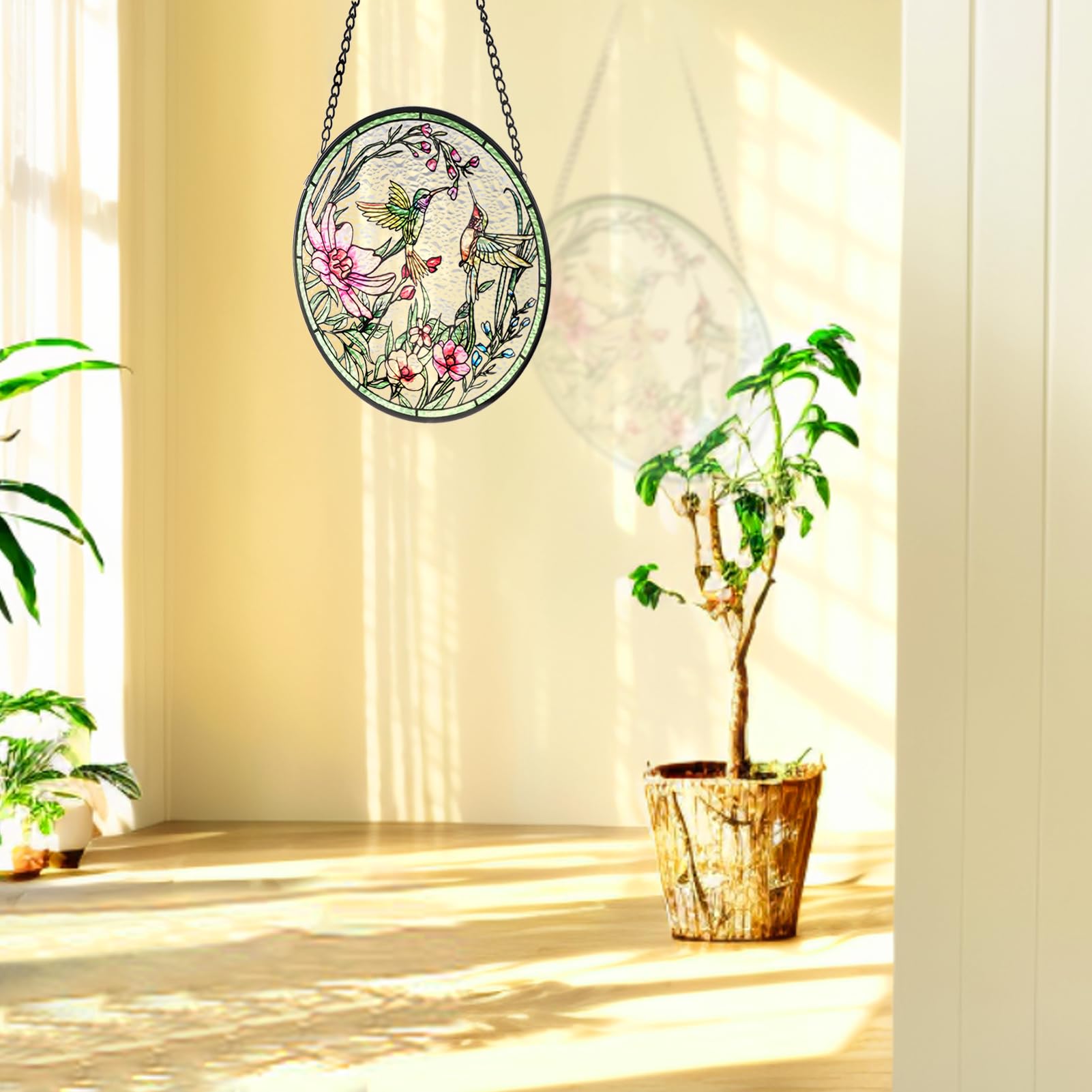 Remiawy Stained Glass Window Hanging Hummingbird Window Suncatcher 6 Inch Glass Panel with Metal Chain and Hooks Sun Catchers Indoor Wall Art Home Decor Gift for Bird Lovers Women Mother's Day - Image 3