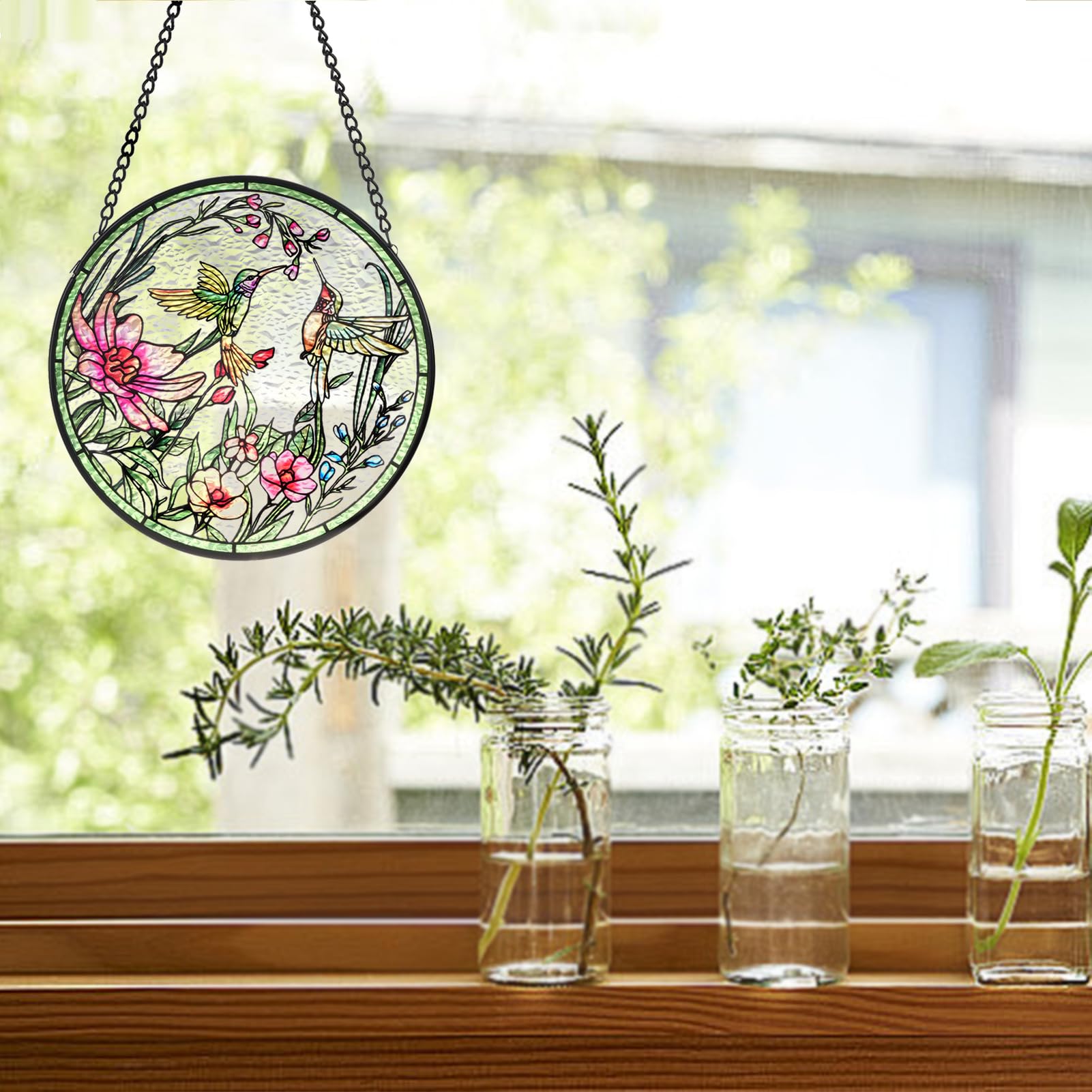 Remiawy Stained Glass Window Hanging Hummingbird Window Suncatcher 6 Inch Glass Panel with Metal Chain and Hooks Sun Catchers Indoor Wall Art Home Decor Gift for Bird Lovers Women Mother's Day - Image 4