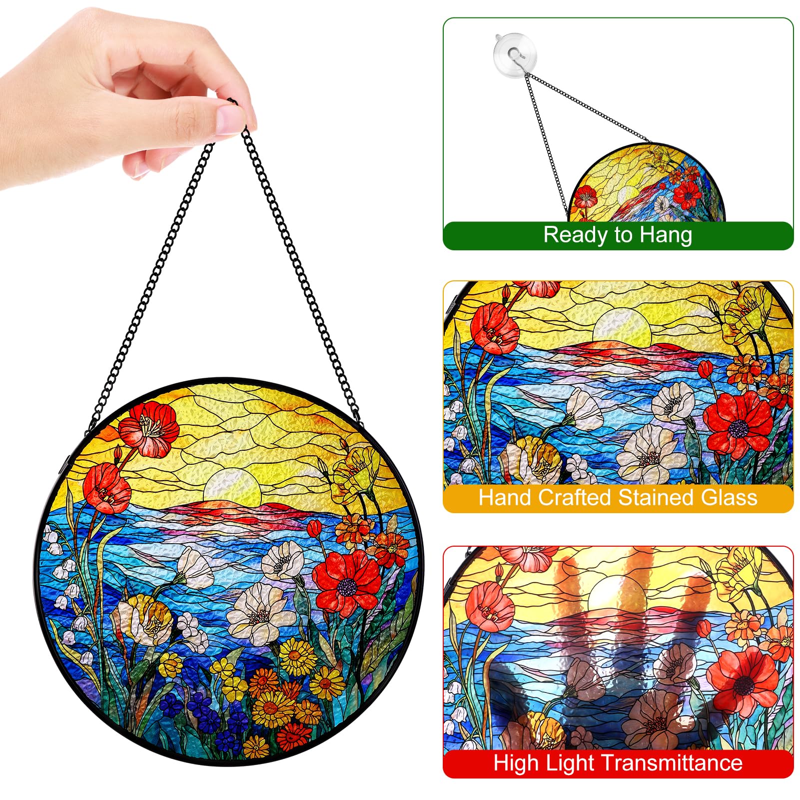Remiawy Stained Glass Window Hanging, Wildflowers Sunrise 8 Inch Glass Panel with Metal Chain and Hooks Large Window Indoor Wall Art Decor Gift for Women Mother's Day Christmas - Image 3
