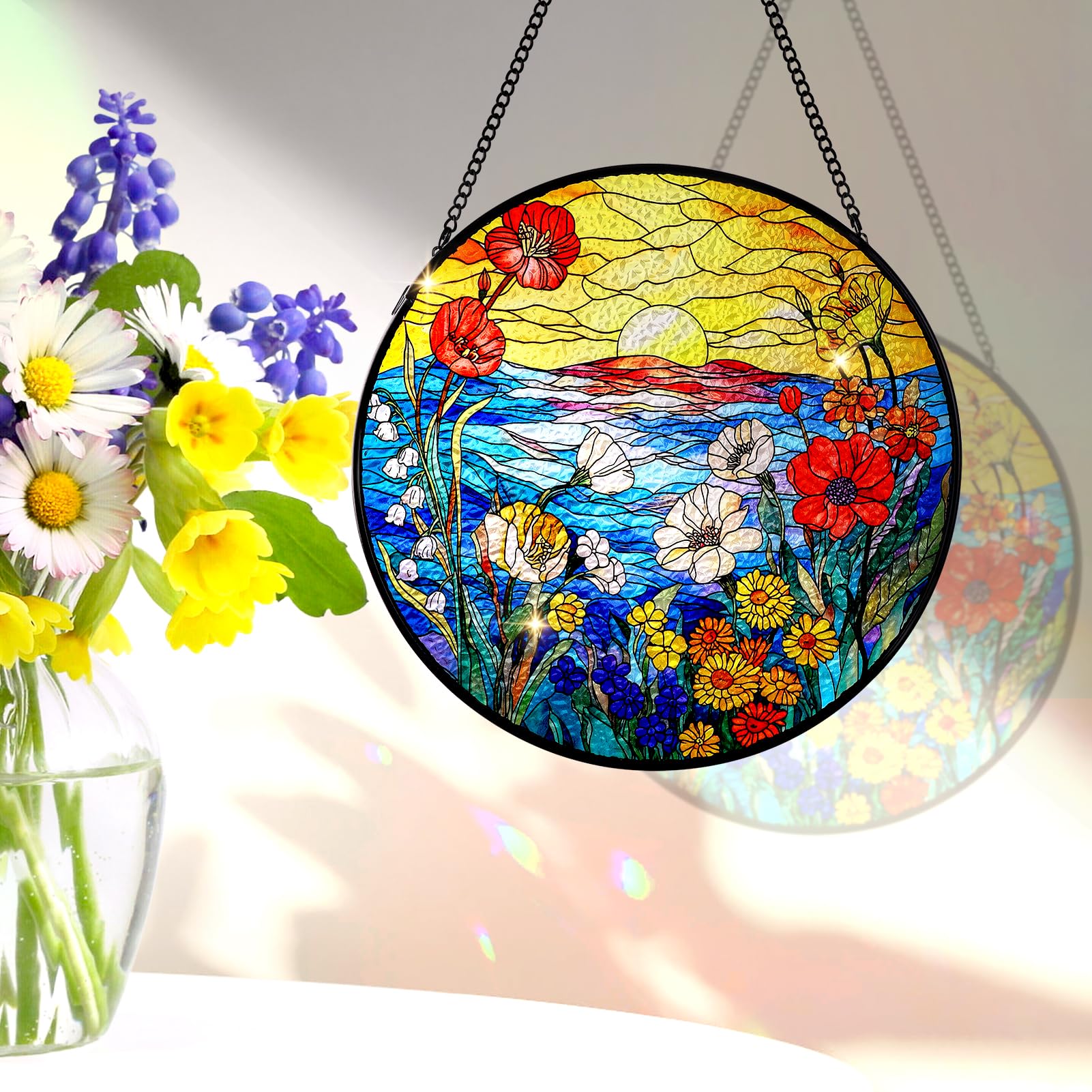 Remiawy Stained Glass Window Hanging, Wildflowers Sunrise 8 Inch Glass Panel with Metal Chain and Hooks Large Window Indoor Wall Art Decor Gift for Women Mother's Day Christmas - Image 4