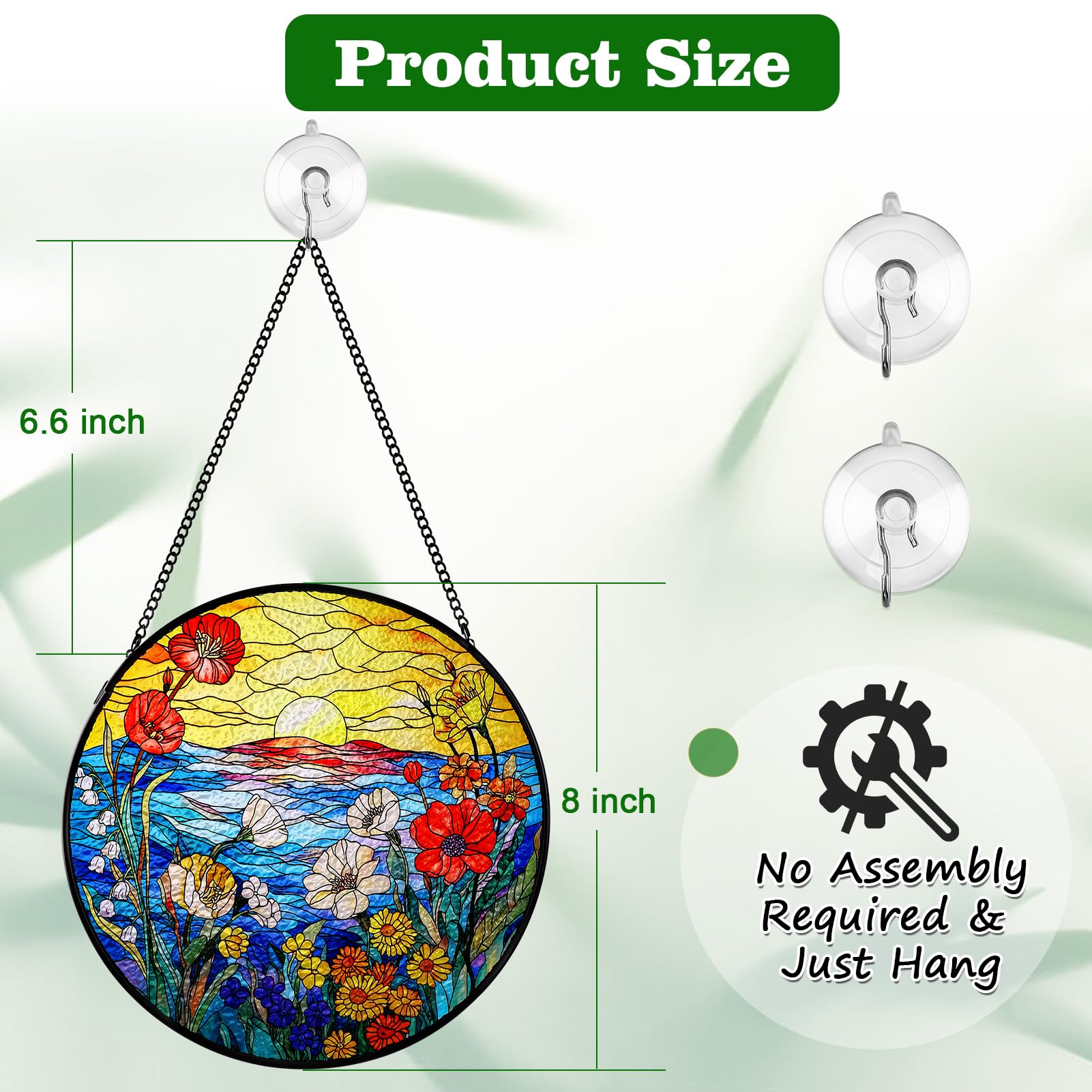 Remiawy Stained Glass Window Hanging, Wildflowers Sunrise 8 Inch Glass Panel with Metal Chain and Hooks Large Window Indoor Wall Art Decor Gift for Women Mother's Day Christmas - Image 6