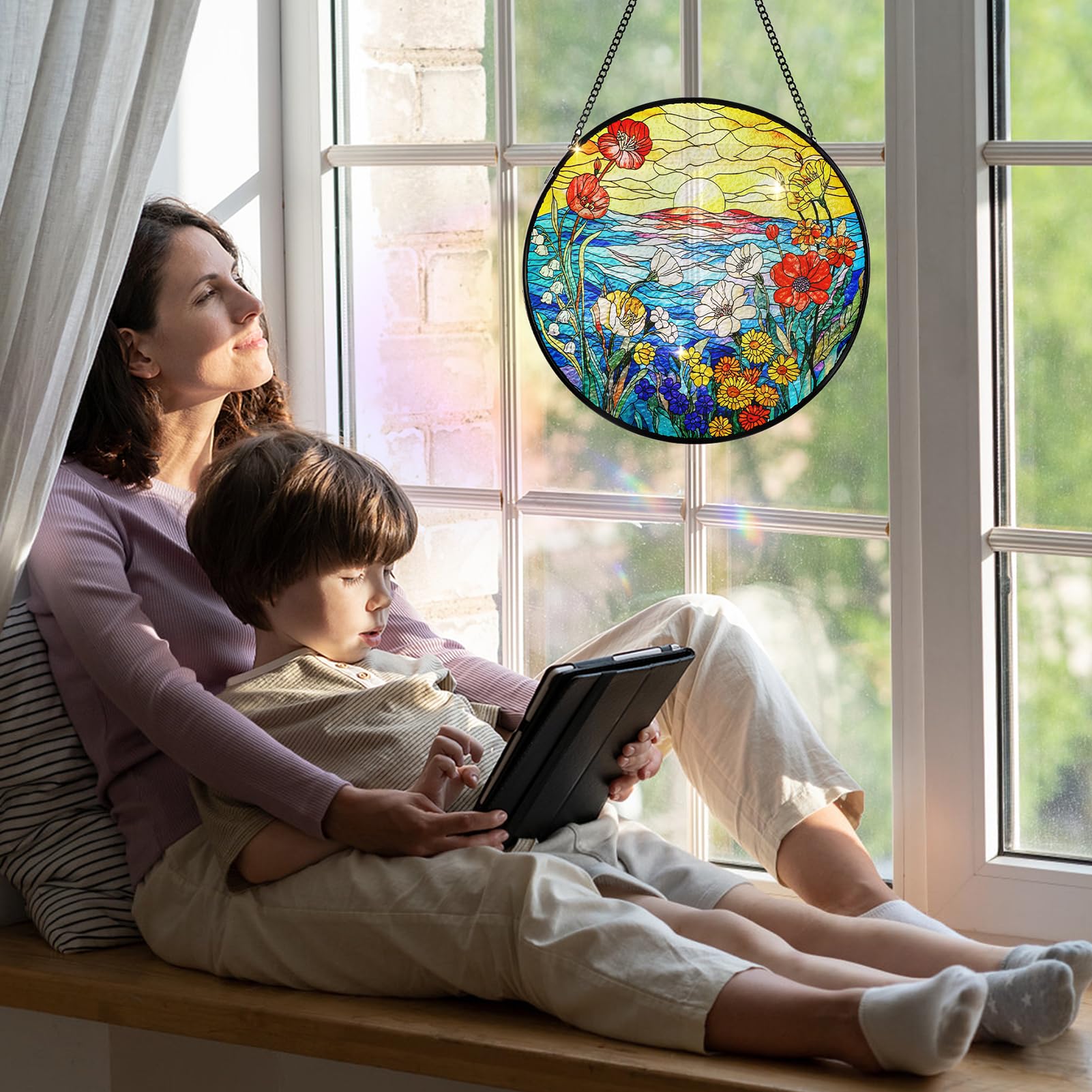 Remiawy Stained Glass Window Hanging, Wildflowers Sunrise 8 Inch Glass Panel with Metal Chain and Hooks Large Window Indoor Wall Art Decor Gift for Women Mother's Day Christmas - Image 7