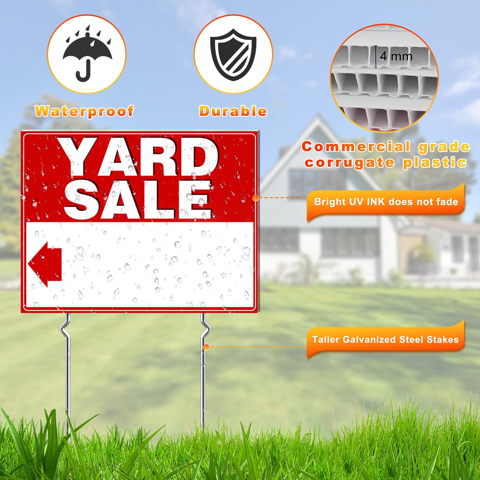 Remiawy Yard Sale Signs, 3 Pack Yard Signs with Metal Stakes, 17x13 Inch Double Sided Large Garage Sale Kit with Directional Arrows Stickers Weatherproof Corrugated Plastic for Event - Image 3
