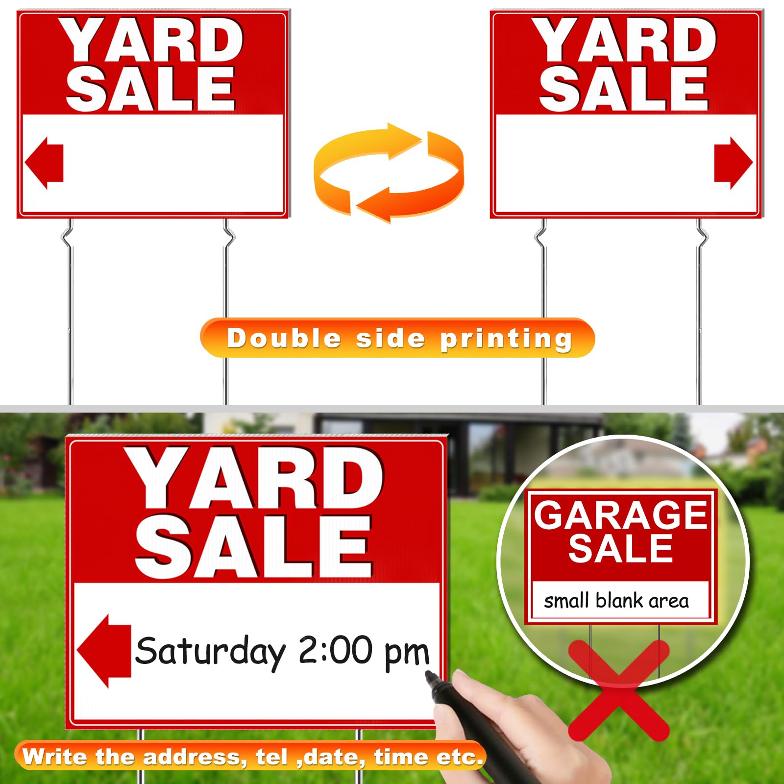 Remiawy Yard Sale Signs, 3 Pack Yard Signs with Metal Stakes, 17x13 Inch Double Sided Large Garage Sale Kit with Directional Arrows Stickers Weatherproof Corrugated Plastic for Event - Image 4