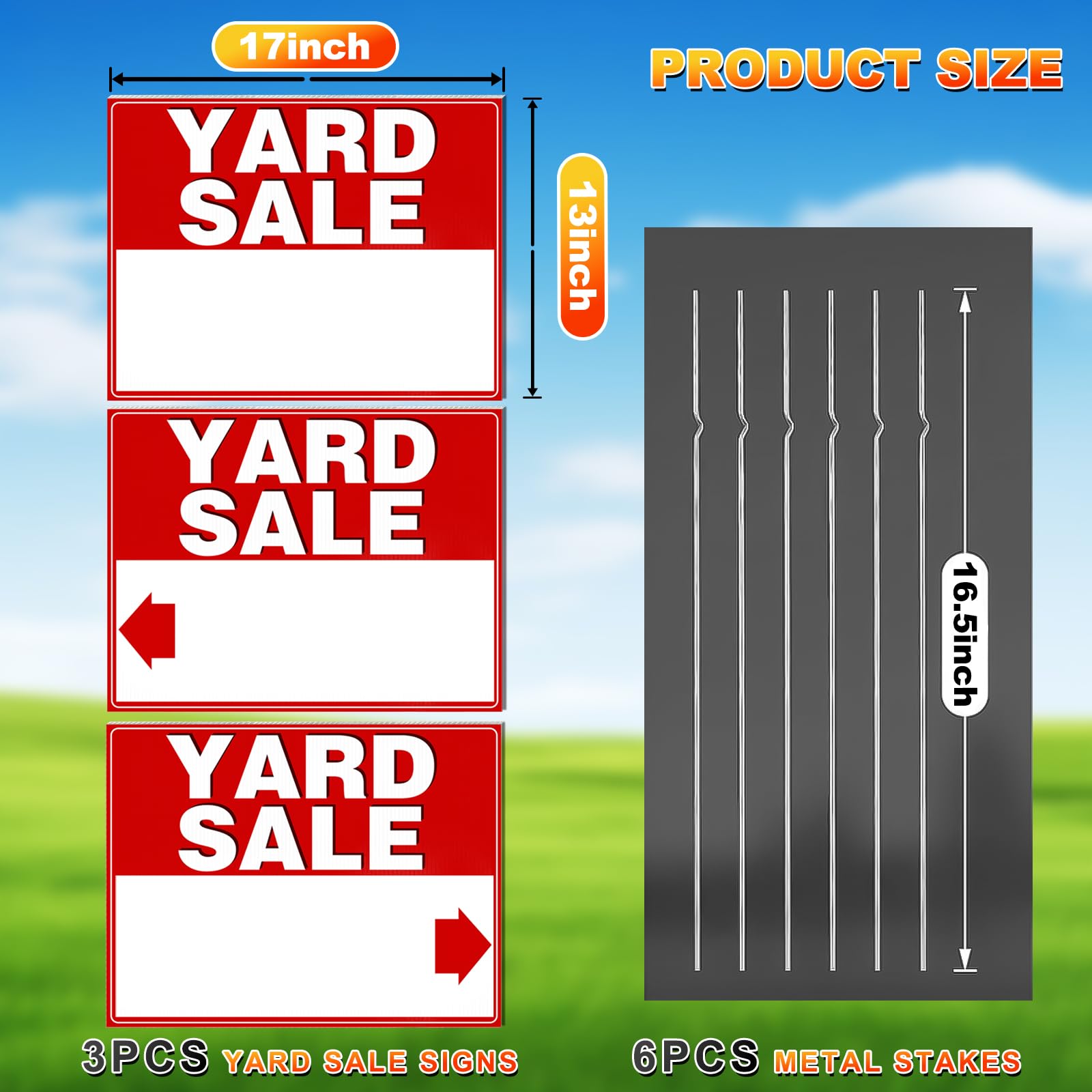 Remiawy Yard Sale Signs, 3 Pack Yard Signs with Metal Stakes, 17x13 Inch Double Sided Large Garage Sale Kit with Directional Arrows Stickers Weatherproof Corrugated Plastic for Event - Image 6